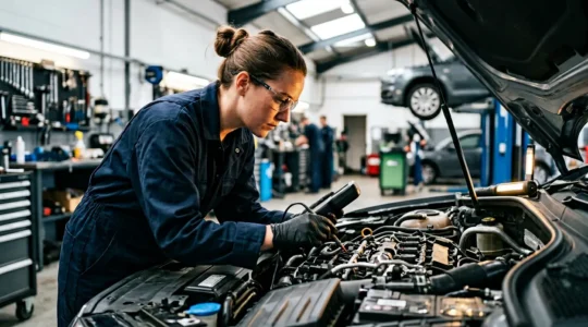Mécanicien inspectant minutieusement un moteur dans un atelier automobile