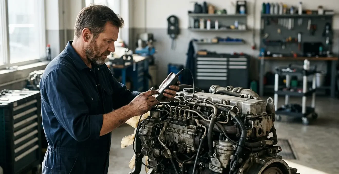 Mécanicien professionnel inspectant minutieusement un moteur diesel avec outils spécialisés dans un atelier moderne
