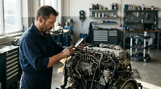 Mécanicien professionnel inspectant minutieusement un moteur diesel avec outils spécialisés dans un atelier moderne