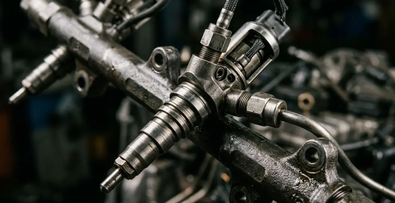 Vue macro d'injecteurs diesel haute pression sur rampe commune avec détails techniques visibles