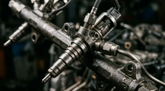 Vue macro d'injecteurs diesel haute pression sur rampe commune avec détails techniques visibles