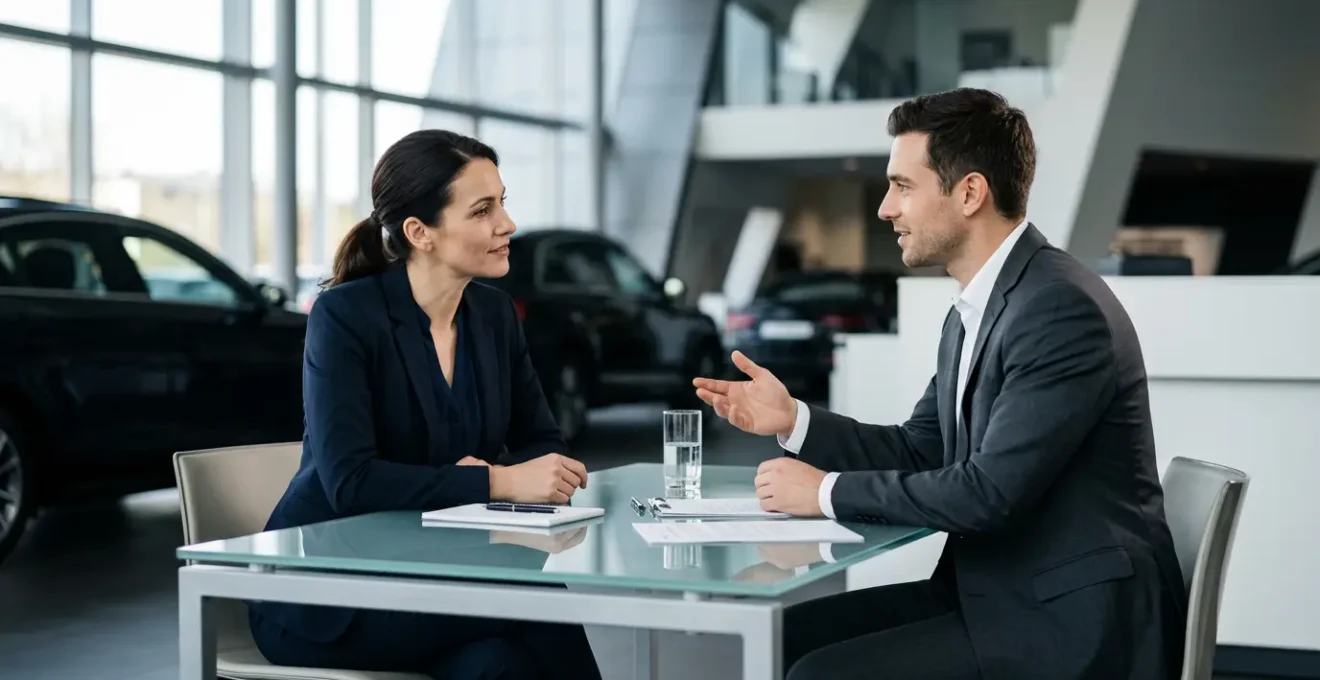 Négociation entre client et vendeur dans une concession automobile moderne
