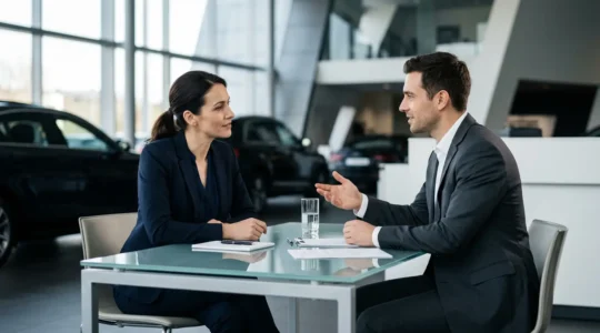 Négociation entre client et vendeur dans une concession automobile moderne