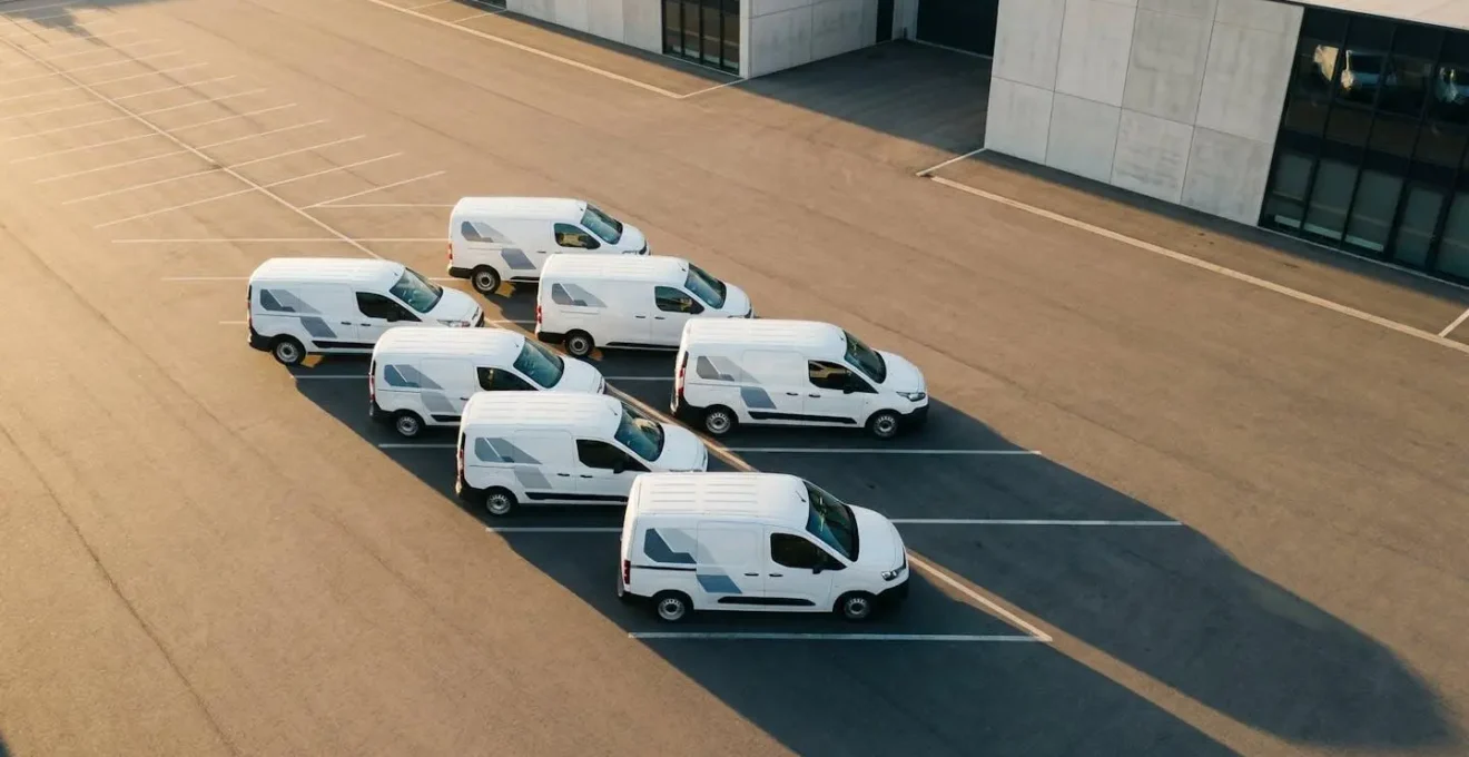 Vue aérienne d'un parking d'entreprise avec cinq véhicules utilitaires blancs alignés sous lumière dorée