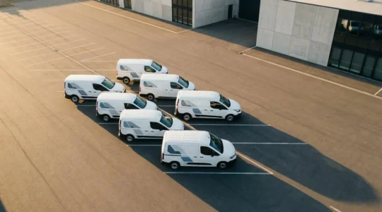 Vue aérienne d'un parking d'entreprise avec cinq véhicules utilitaires blancs alignés sous lumière dorée