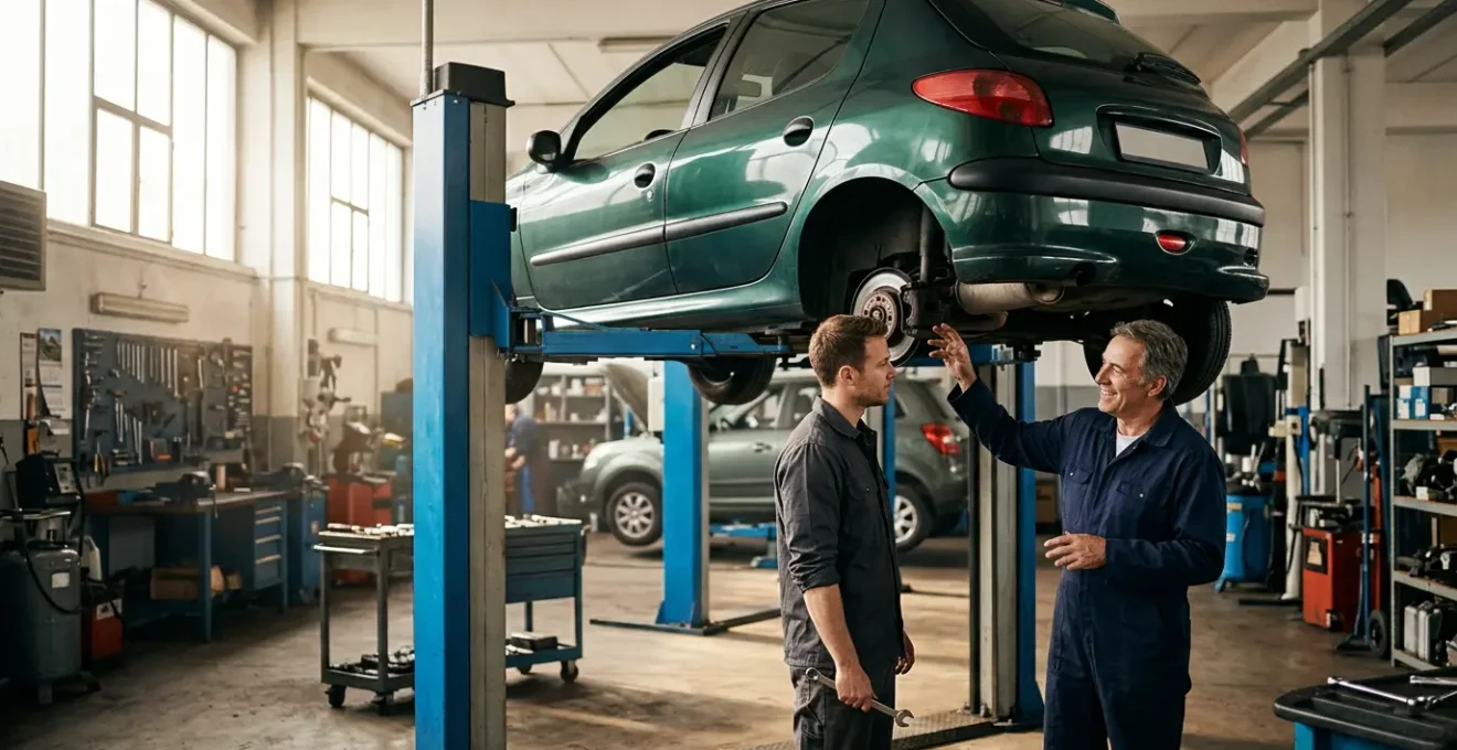 Mécanicien conseillant un particulier dans un garage solidaire avec pont élévateur