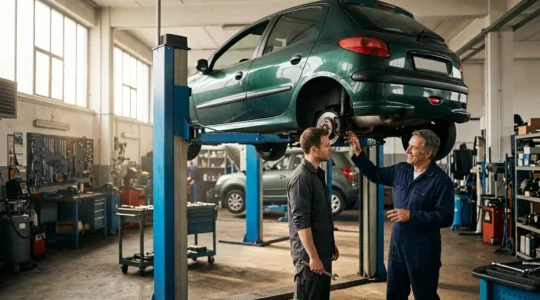 Mécanicien conseillant un particulier dans un garage solidaire avec pont élévateur