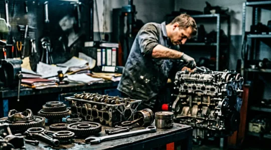 Expert automobile examinant un moteur défaillant avec documents juridiques en arrière-plan