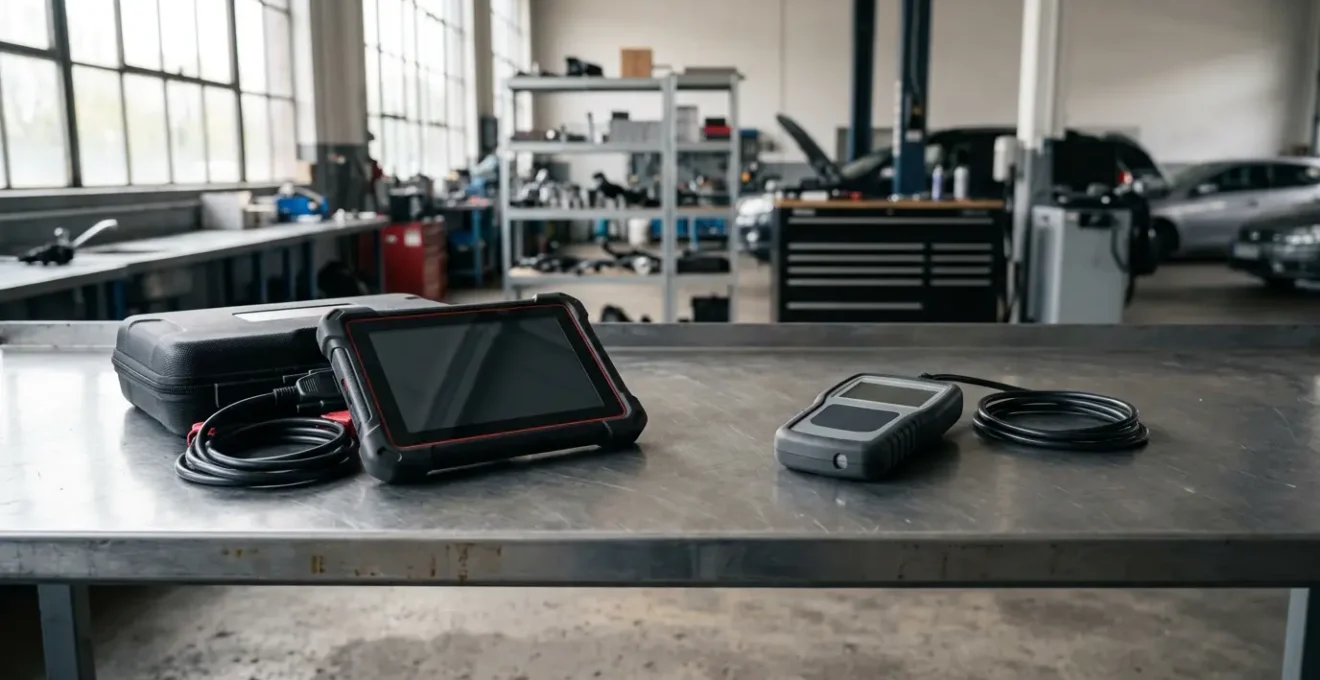 Comparaison entre valise diagnostic professionnelle et lecteur OBD basique sur établi garage