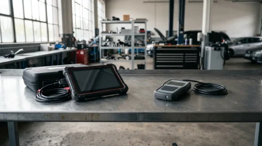 Comparaison entre valise diagnostic professionnelle et lecteur OBD basique sur établi garage