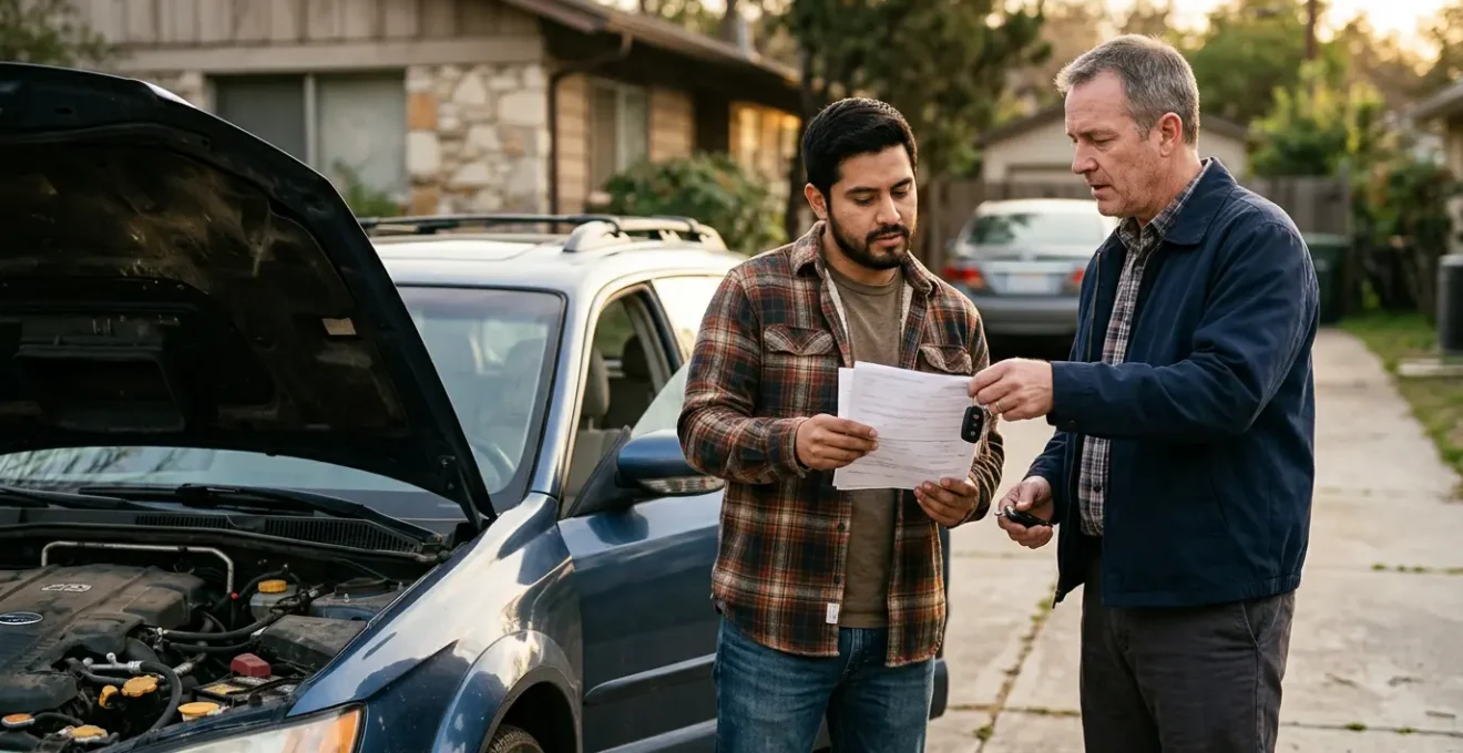 Négociation pour la vente d'une voiture d'occasion entre particuliers avec documents et clés