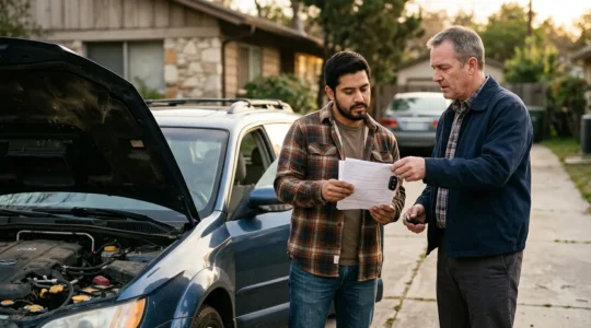 Négociation pour la vente d'une voiture d'occasion entre particuliers avec documents et clés