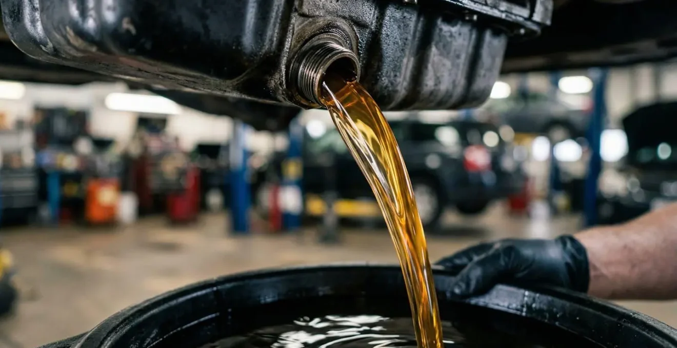 Vue détaillée d'un carter de boîte automatique avec huile neuve dorée s'écoulant lors d'une vidange professionnelle