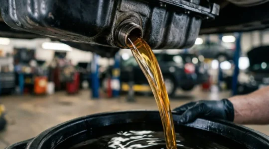 Vue détaillée d'un carter de boîte automatique avec huile neuve dorée s'écoulant lors d'une vidange professionnelle