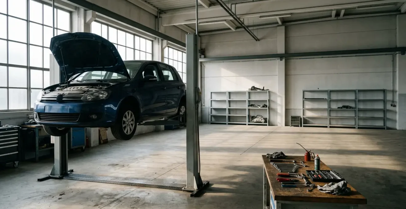 Voiture surélevée dans un garage avec des pièces mécaniques et des outils visibles
