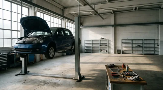 Voiture surélevée dans un garage avec des pièces mécaniques et des outils visibles