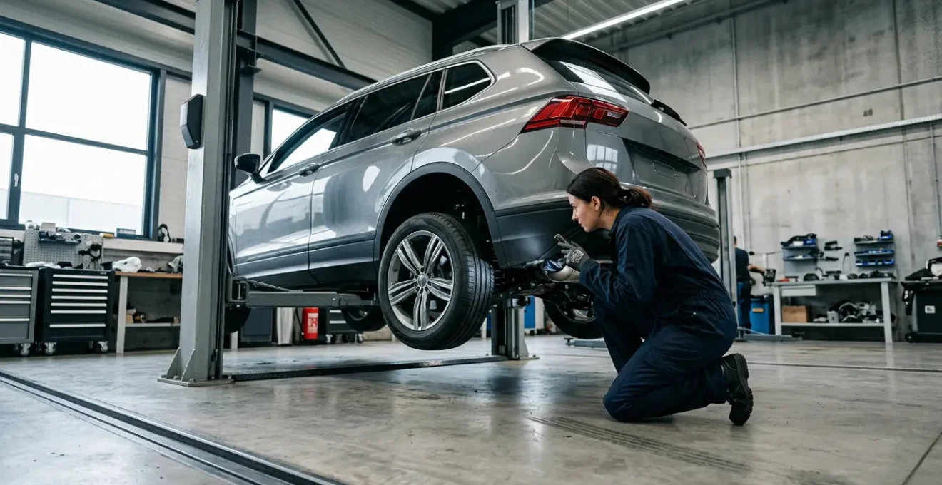 Voiture moderne lors d'un contrôle technique avec inspection des équipements de sécurité
