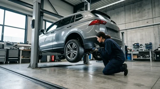Voiture moderne lors d'un contrôle technique avec inspection des équipements de sécurité