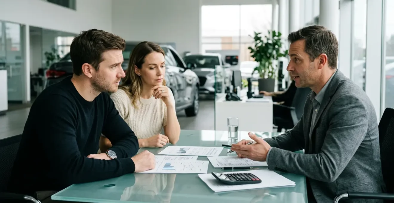 Négociation de financement automobile en concession avec un couple de clients et un vendeur