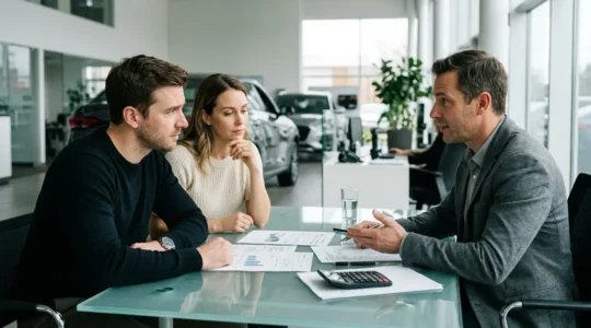 Négociation de financement automobile en concession avec un couple de clients et un vendeur