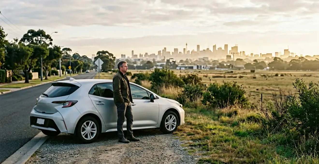 Habitant de banlieue comparant différents types de carburant devant une borne de péage avec vue sur une métropole en arrière-plan