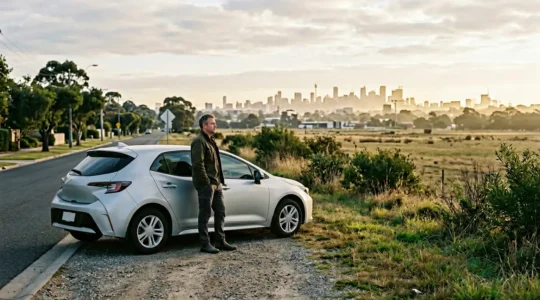 Habitant de banlieue comparant différents types de carburant devant une borne de péage avec vue sur une métropole en arrière-plan