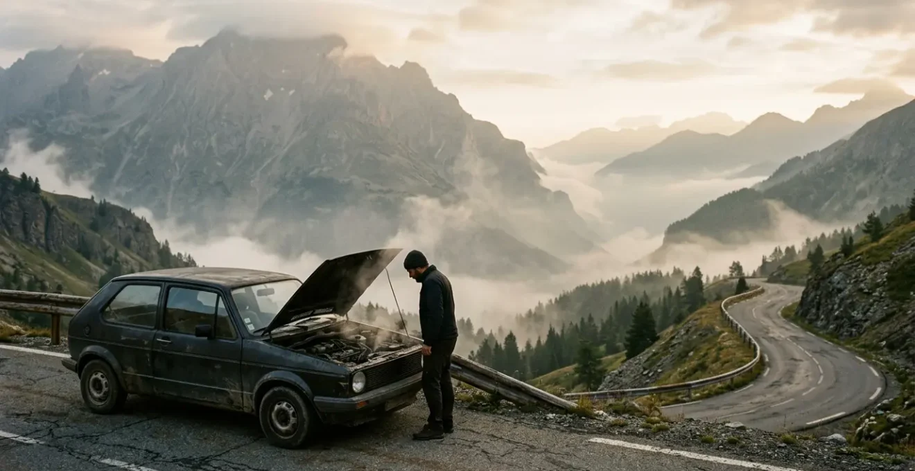 Voiture en panne sur une route de montagne avec capot ouvert et fumée s'échappant du moteur