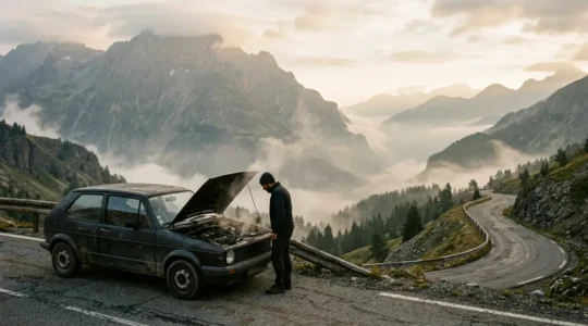 Voiture en panne sur une route de montagne avec capot ouvert et fumée s'échappant du moteur