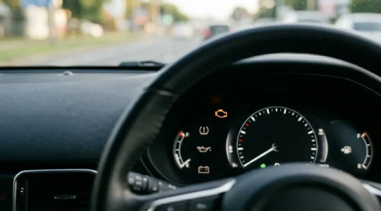 Tableau de bord automobile moderne avec voyant moteur allumé orange et éléments de diagnostic électronique