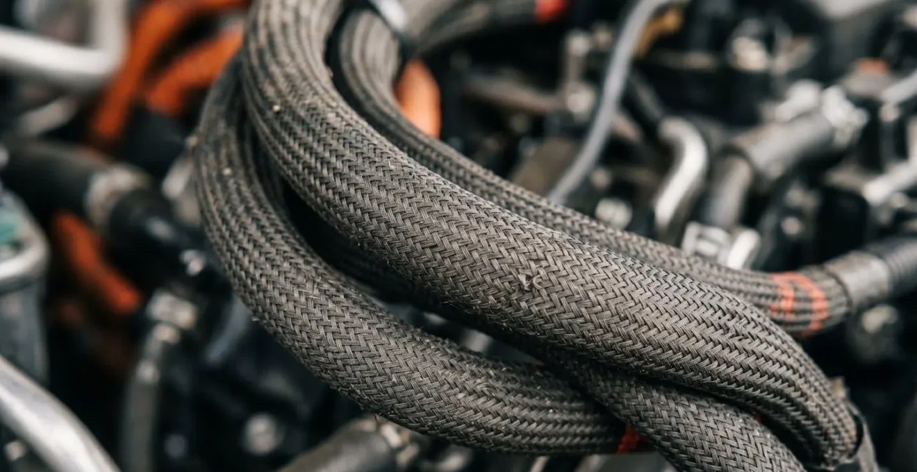 Gros plan sur les câbles orange haute tension dans le compartiment moteur d'un véhicule hybride