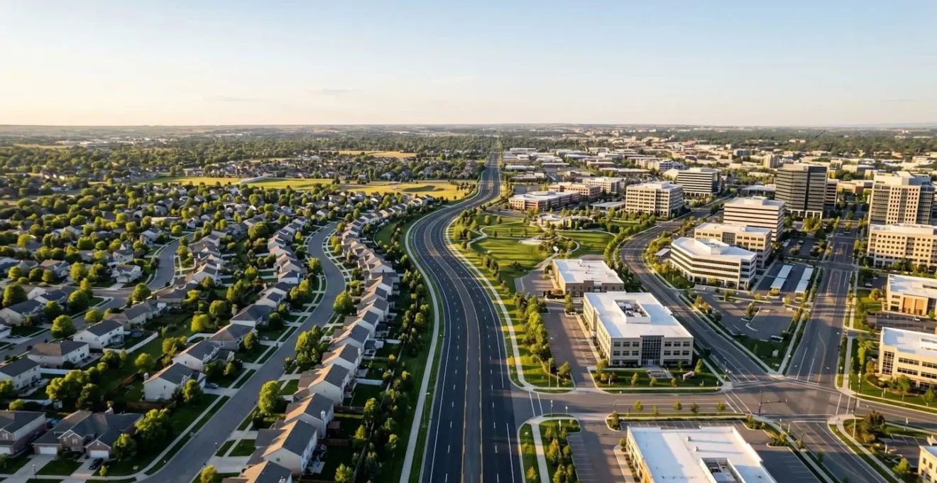 Vue aérienne d'une route sinueuse entre zones résidentielles et quartier d'affaires