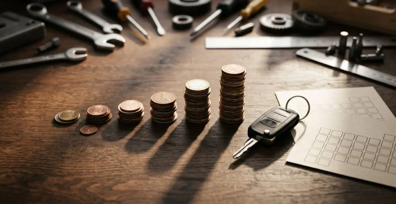Calendrier de planification budgétaire pour l'entretien automobile avec pièces de monnaie