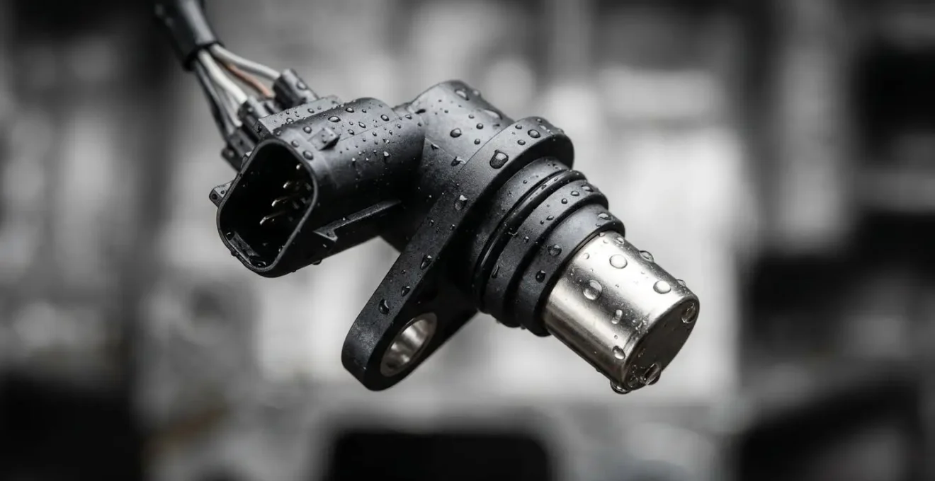 Gros plan sur un capteur de vilebrequin avec traces d'eau pour test de diagnostic