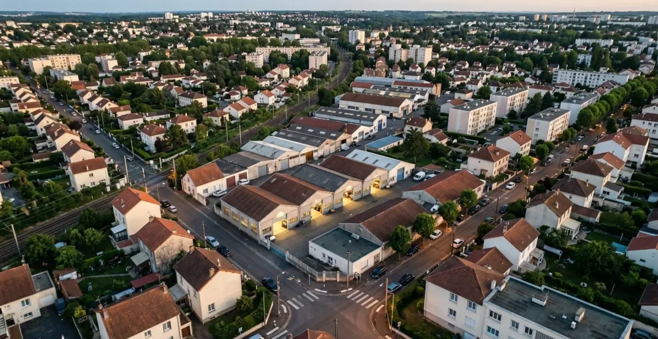 Vue aérienne d'une zone urbaine avec des épingles marquant l'emplacement des garages solidaires