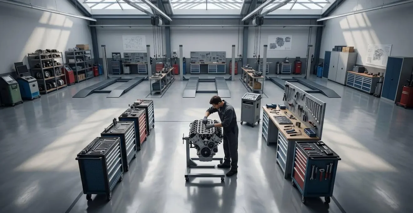 Vue en plongée d'un atelier automobile moderne avec mécanicien expert travaillant sur un moteur