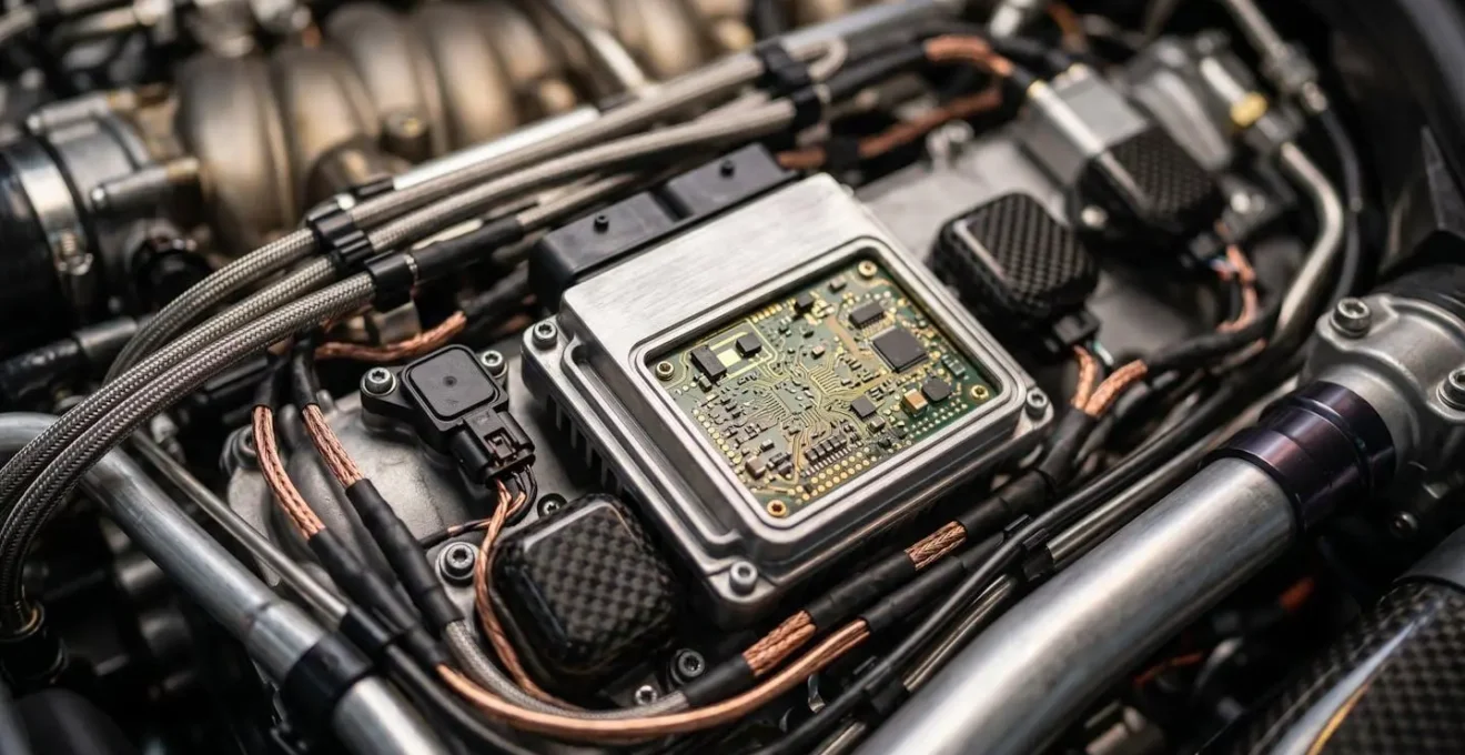 Moteur de voiture haut de gamme photographié en macro avec détails des composants électroniques