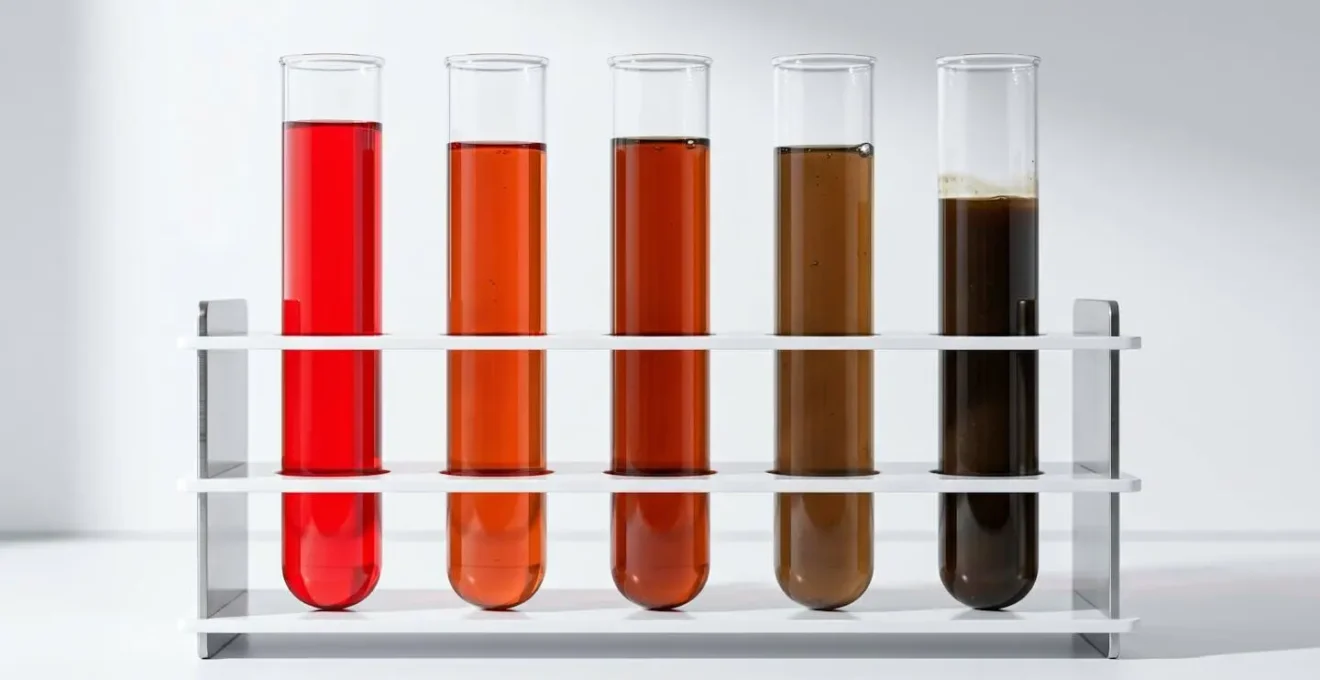 Échantillons d'huile de transmission de différentes couleurs et viscosités dans des éprouvettes transparentes