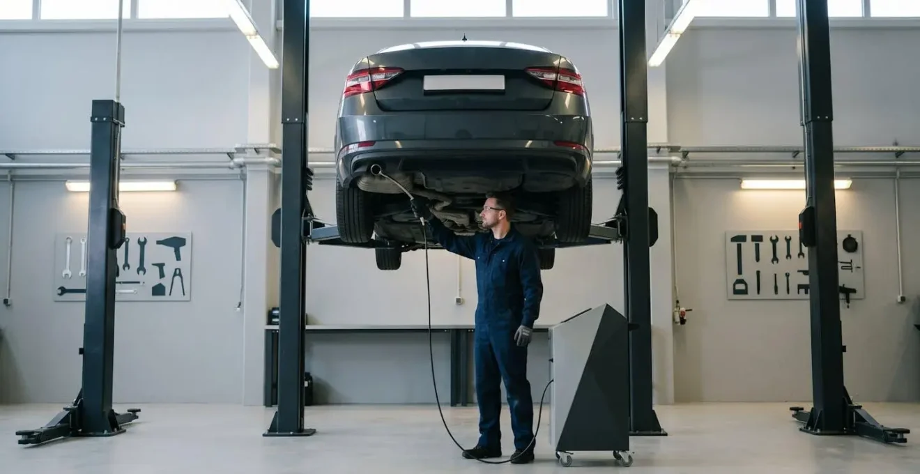 Technicien effectuant un test de pollution sur l'échappement d'un véhicule diesel lors du contrôle technique