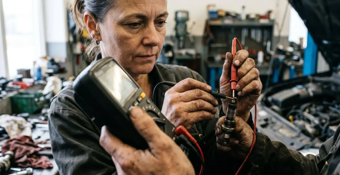 Mécanicien testant la résistance d'une bougie de préchauffage avec un multimètre numérique