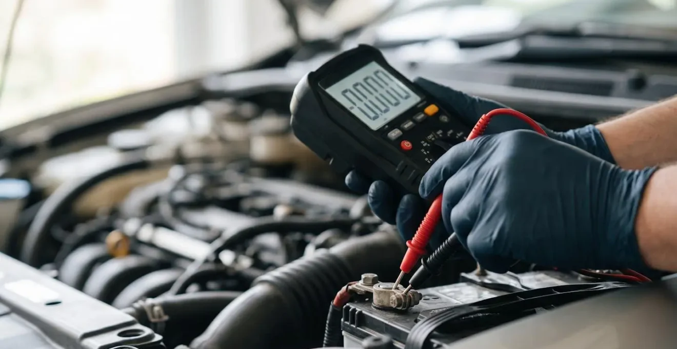 Mains tenant un multimètre testant les bornes d'une batterie dans un compartiment moteur