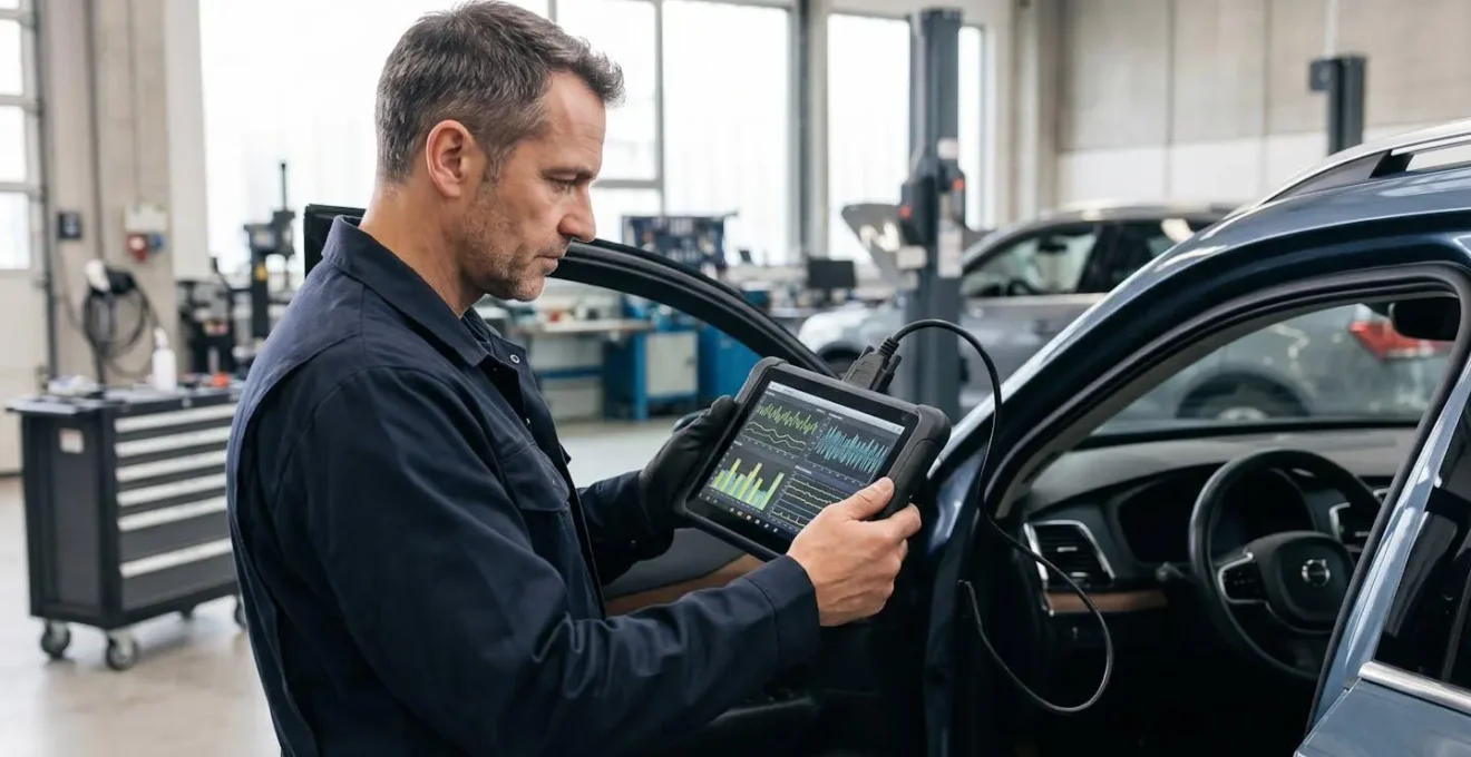 Mécanicien utilisant un outil de diagnostic électronique connecté sous le tableau de bord d'une voiture moderne