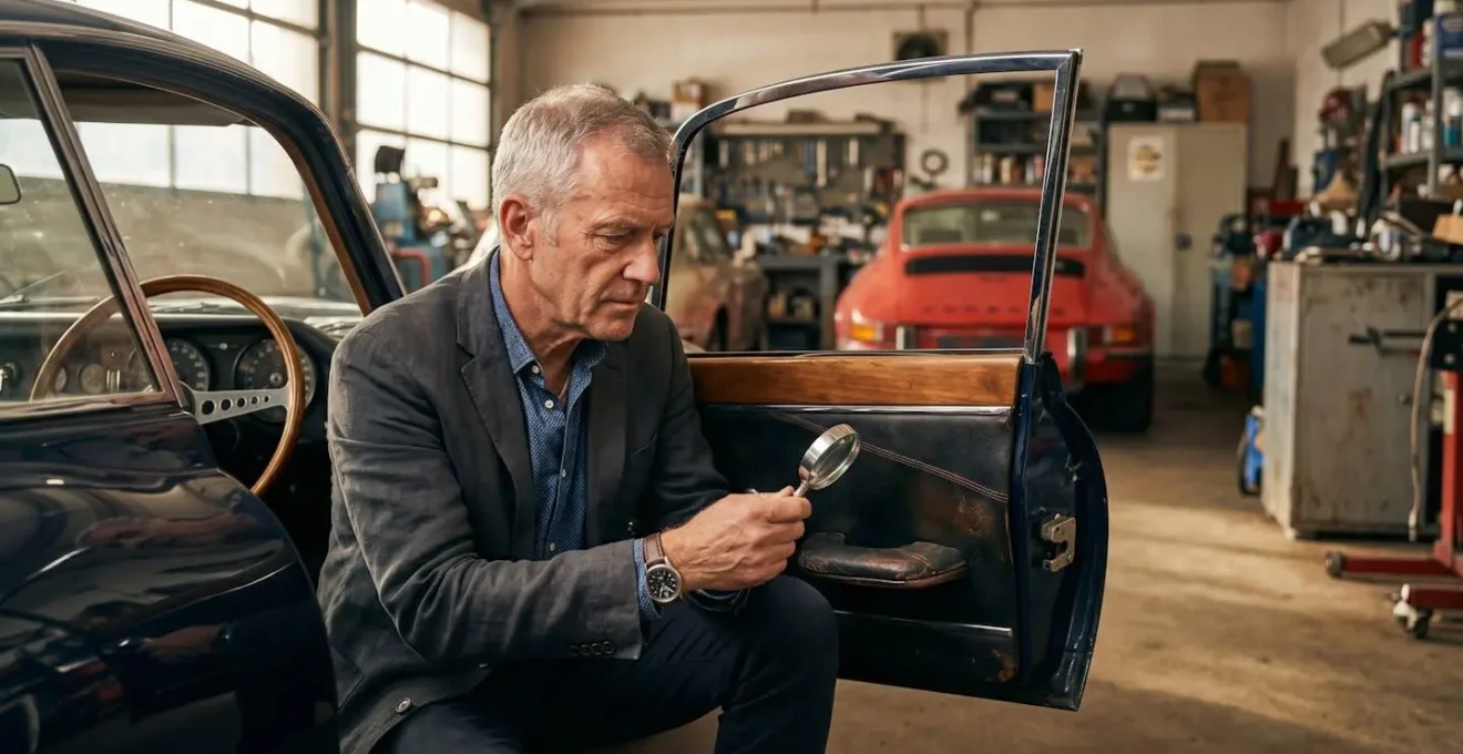 Expert automobile évaluant une voiture de collection avec documentation historique