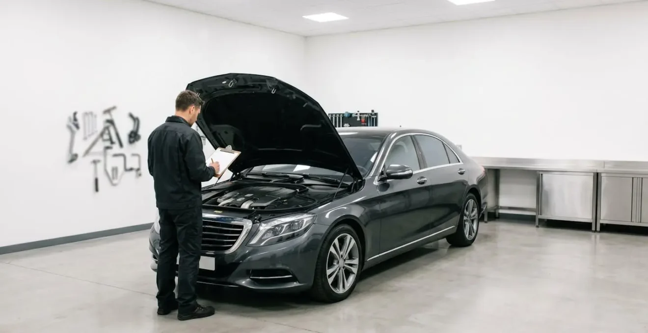 Expert automobile indépendant rédigeant un rapport technique devant un moteur en inspection