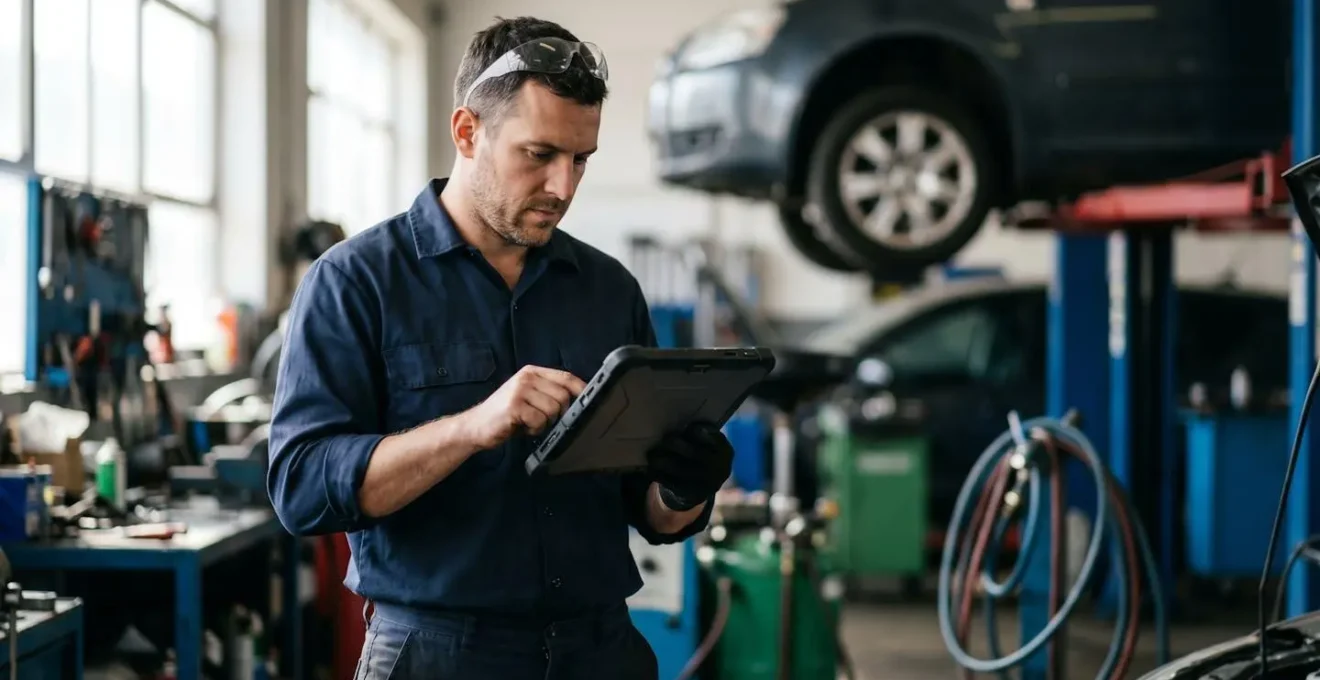 Mécanicien analysant les données freeze frame sur tablette diagnostic dans un garage