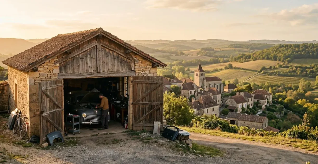 Garage indépendant dans un village rural français avec paysage champêtre en arrière-plan