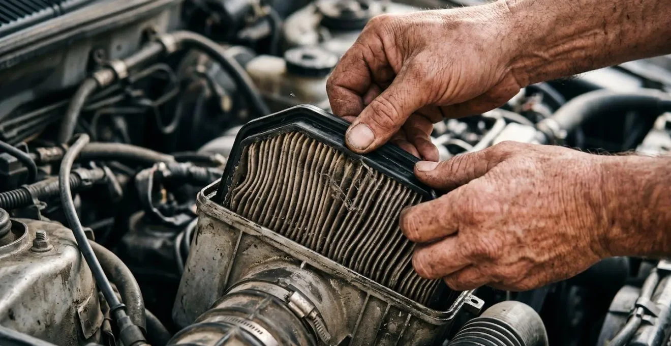 Gros plan sur des mains changeant un filtre à air dans un compartiment moteur