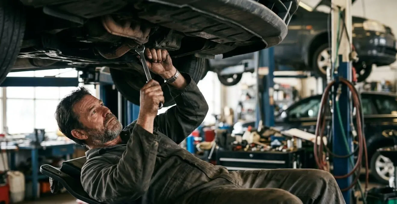 Mécanicien travaillant sous une voiture surélevée dans un garage indépendant