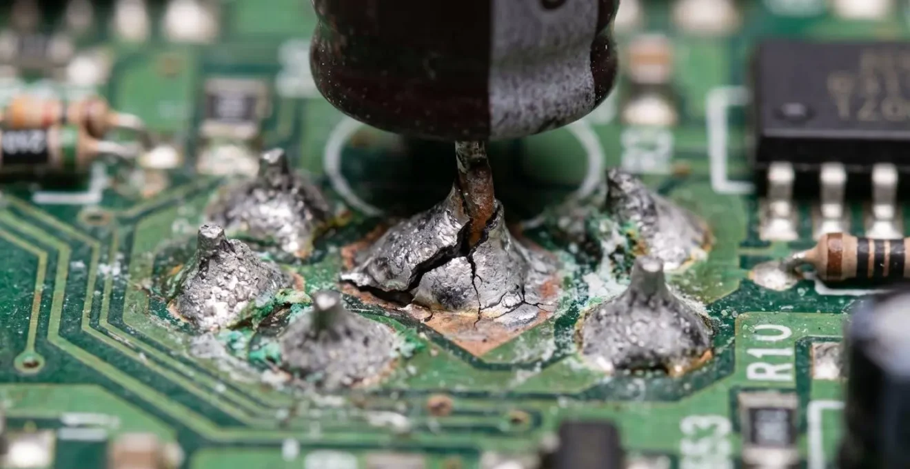 Vue macro des soudures sèches et micro-fissures sur circuit imprimé de calculateur