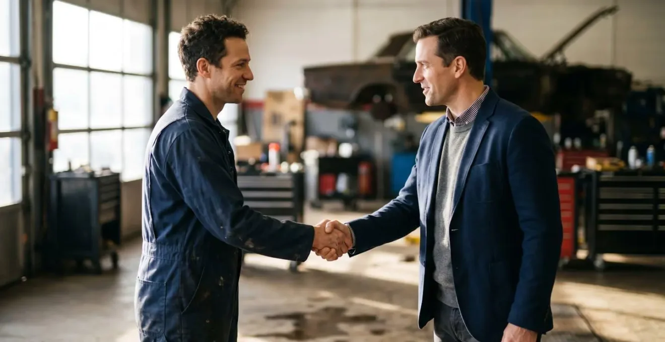 Poignée de main professionnelle dans un environnement de garage automobile