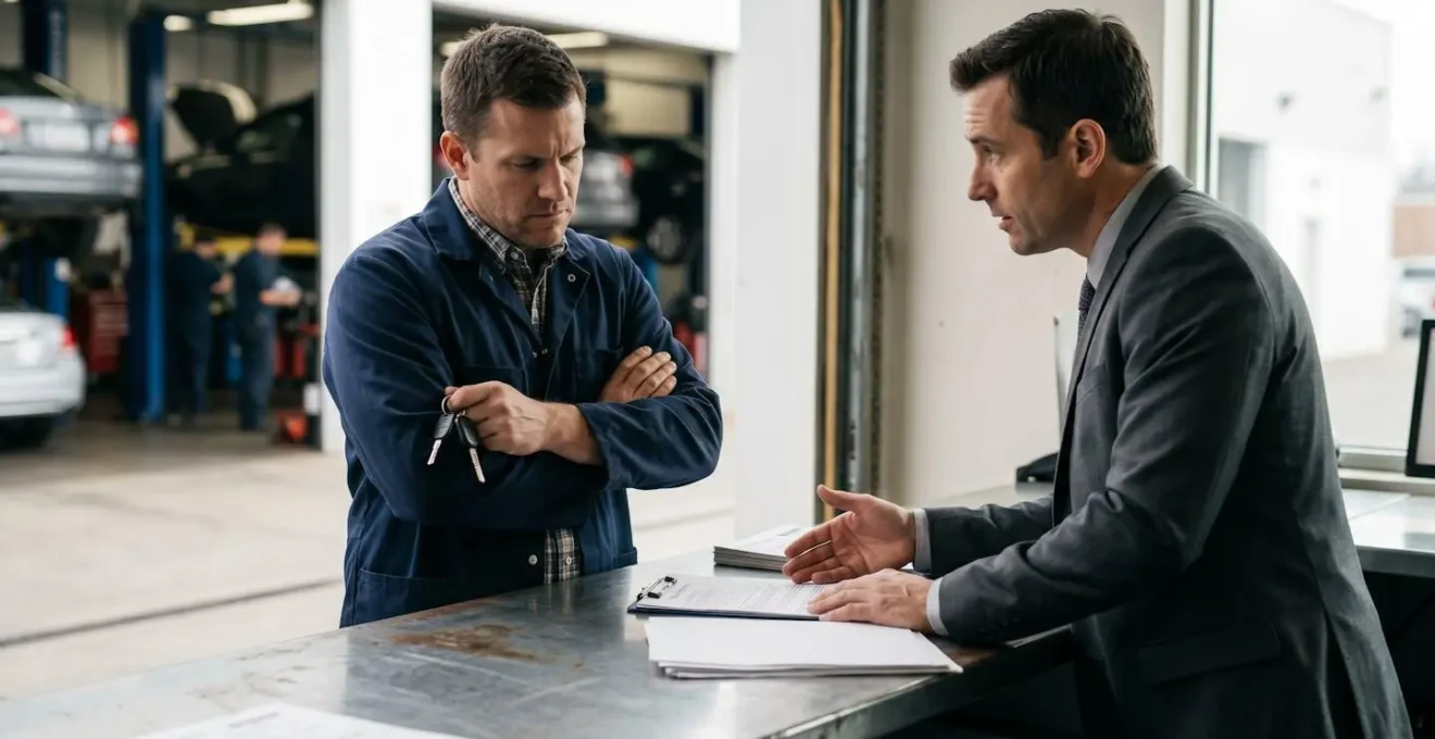 Négociation entre client et vendeur professionnel dans un garage automobile